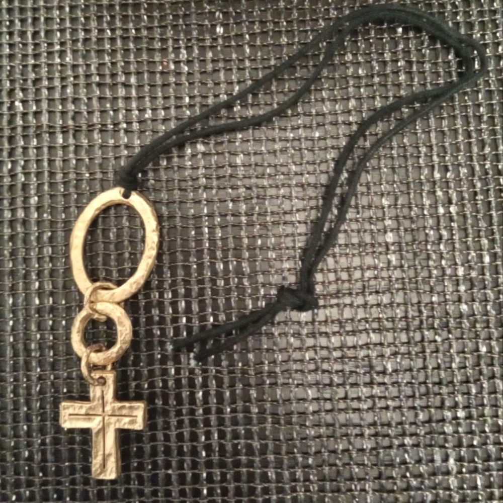 Gold-tone Cross Black Cord Necklace